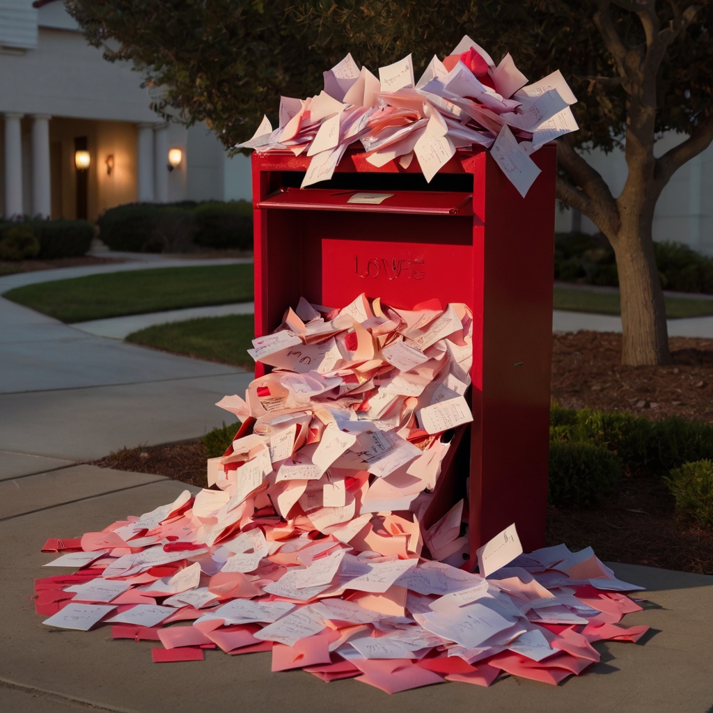 An overflowing mailbox spills heart-sealed love letters into the air, caught in a gentle breeze under soft golden sunlight.