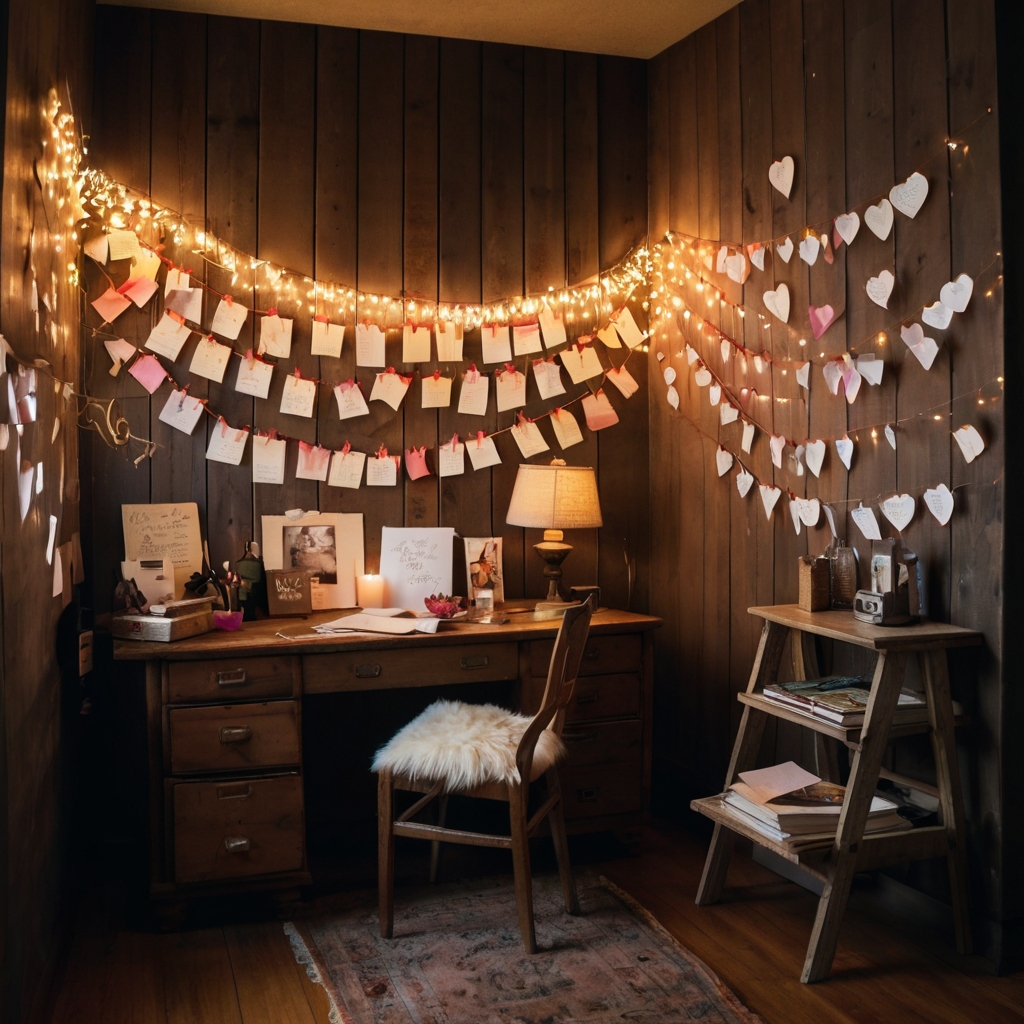 A romantic wall filled with pinned love letters and polaroid memories. Twinkling fairy lights softly illuminate the handwritten notes.