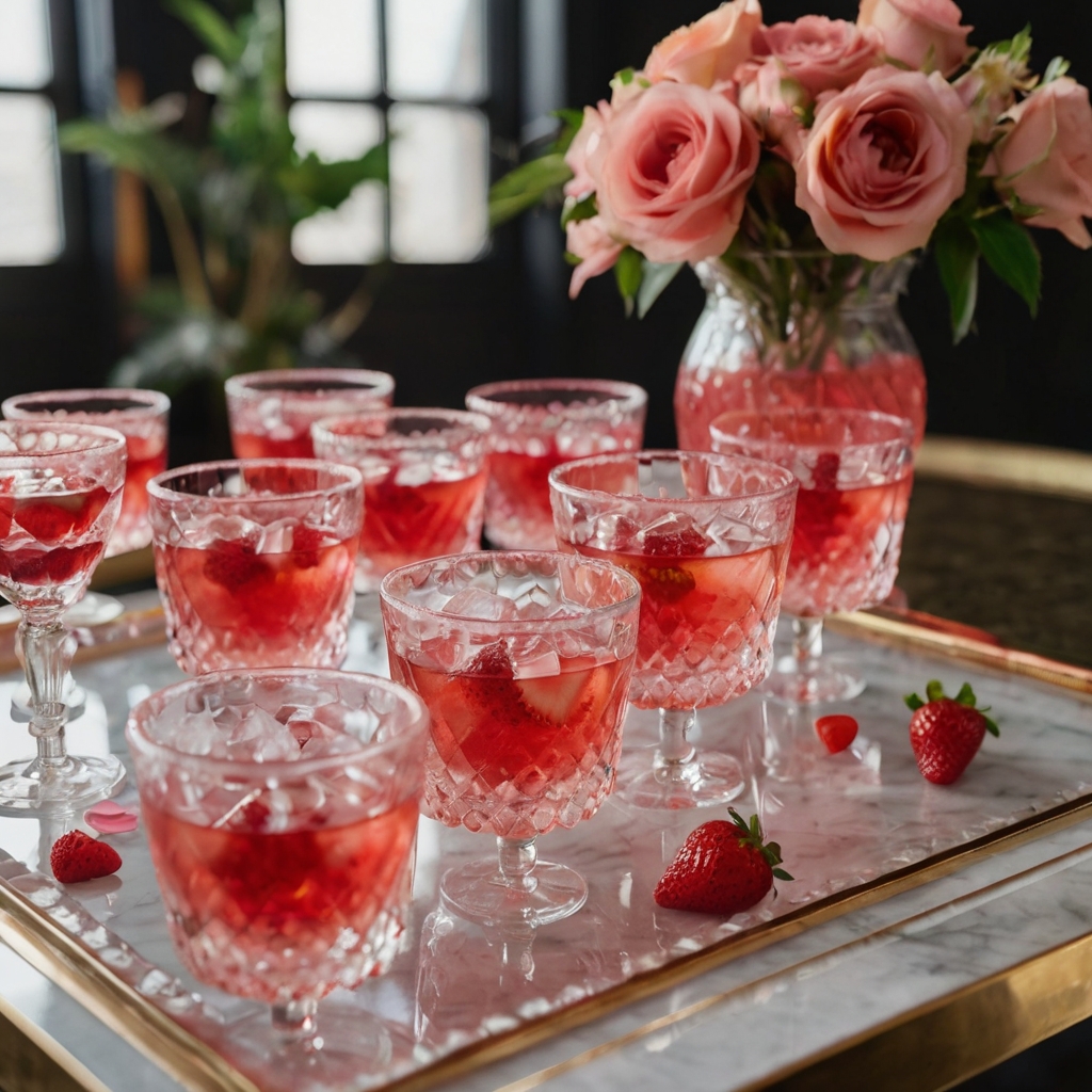 A stylish cocktail station with pink-hued drinks and heart-shaped ice. Elegant crystal glasses and sugared rims add a flirty touch.