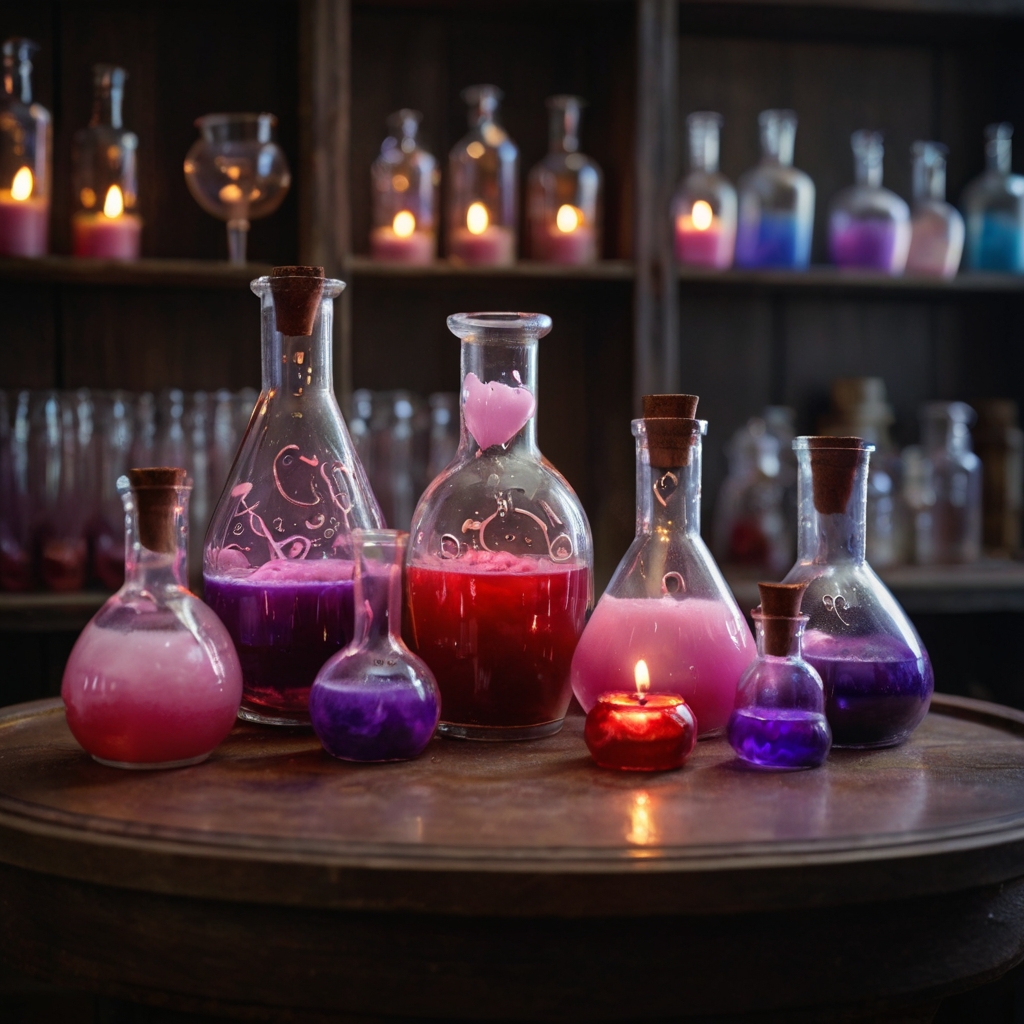 A mystical Valentine's science lab with bubbling, glowing beakers of pink and red love potions, surrounded by curling heart-shaped mist.