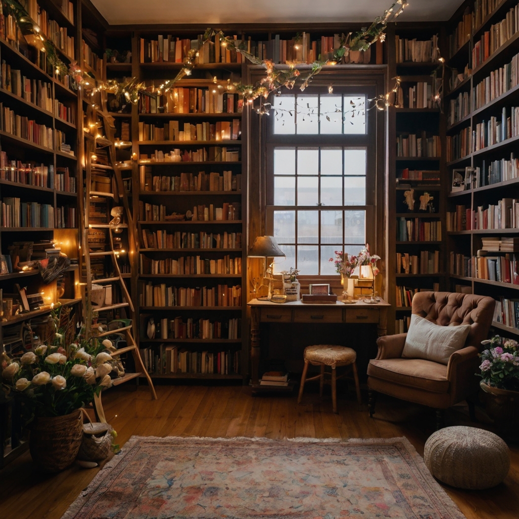 A cozy reading nook filled with romantic novels and soft lighting. Pressed flowers and handwritten love notes add a nostalgic touch.