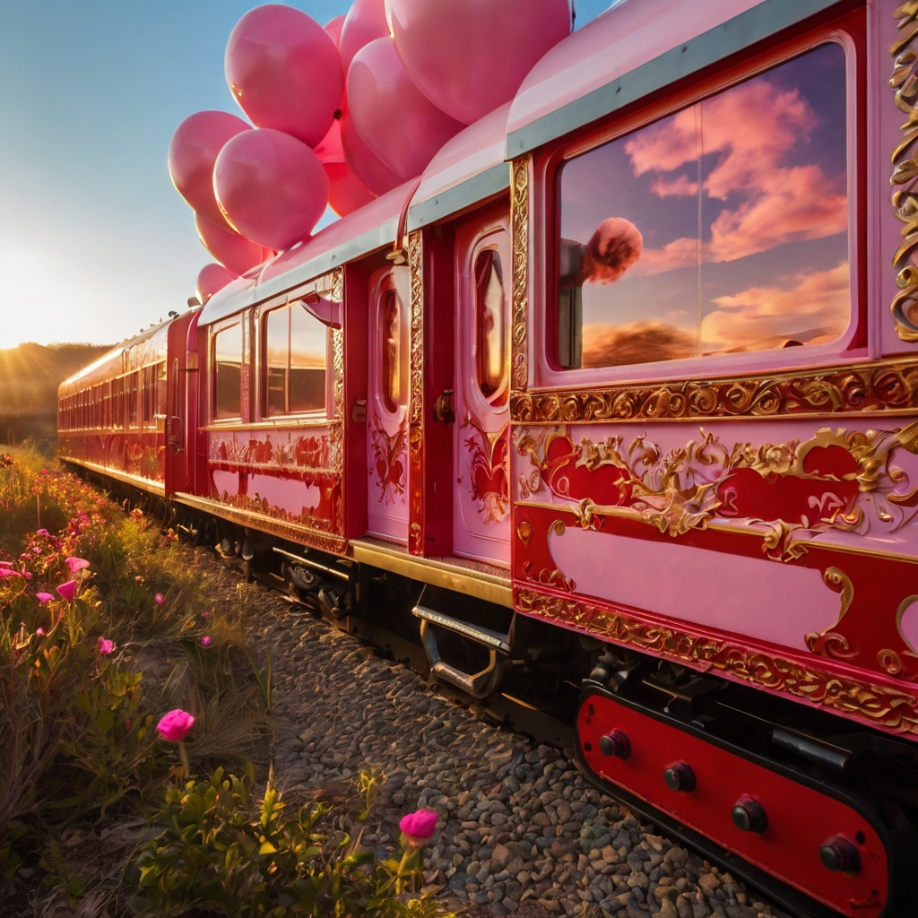 A whimsical Valentine's train with bright red and pink carriages filled with glowing hearts rolls across a charming, decorated scene.