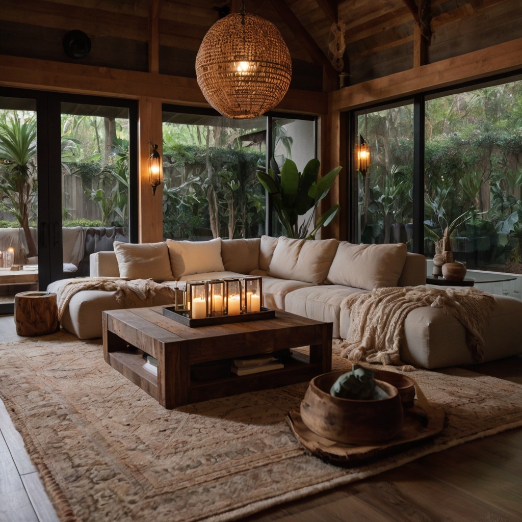 A cozy seating area with a rustic wooden coffee table, neutral linen sofas, and soft candlelit ambiance.