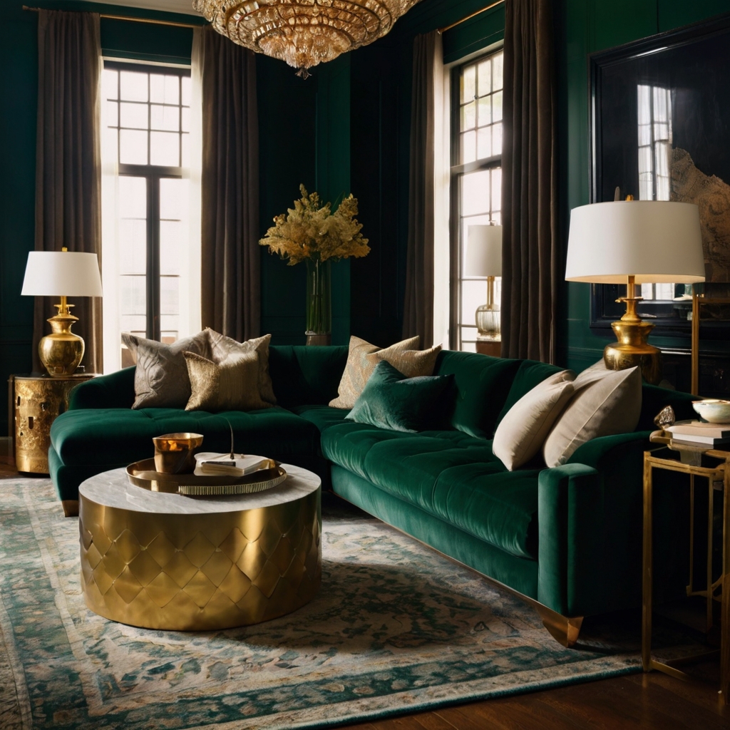 Silk and wool rugs in rich neutral tones create warmth and depth. A velvet sofa and gold accents complement the layered textures.