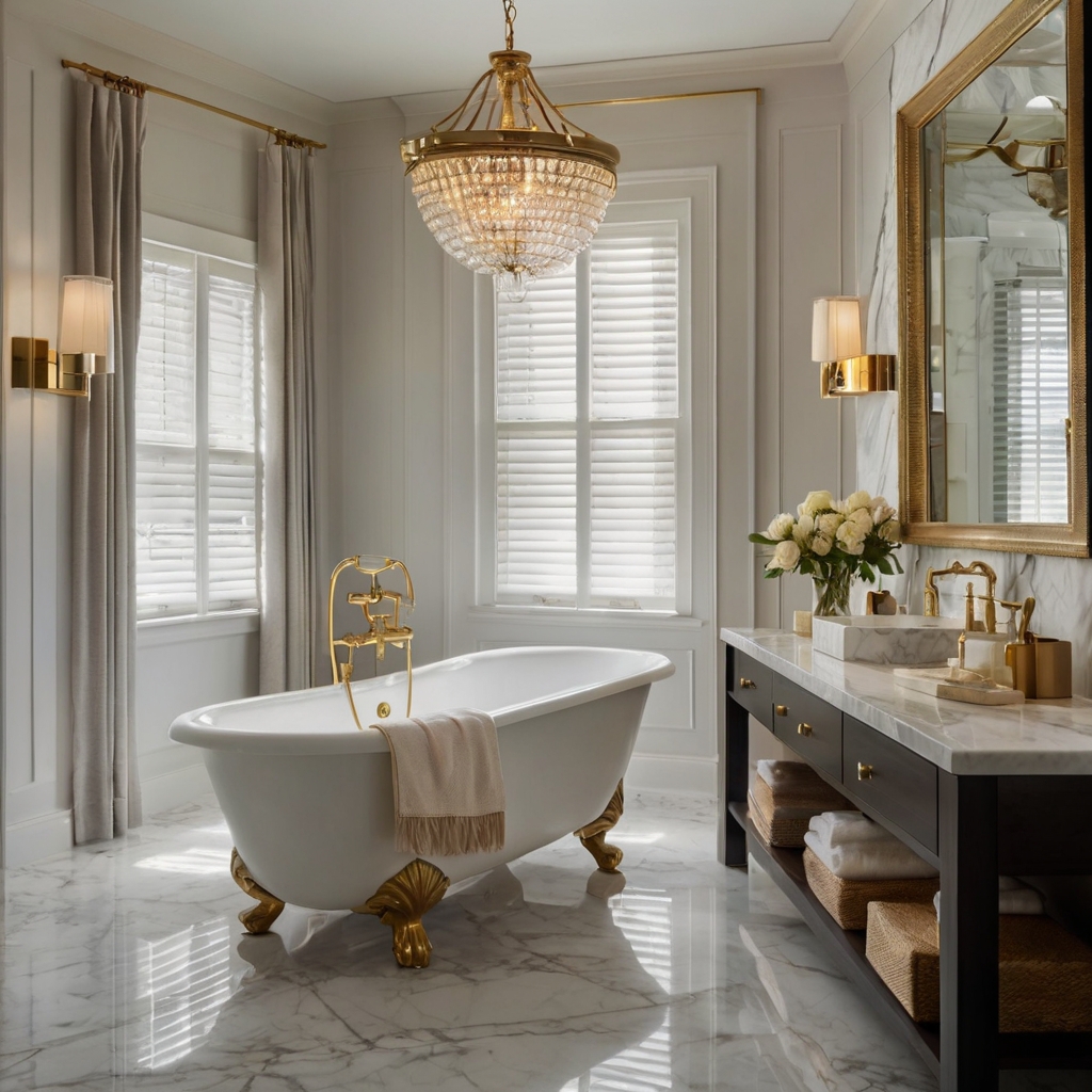 A luxurious bathroom featuring marble countertops, a freestanding tub, and gold fixtures. Soft sconces and plush towels create an inviting, spa-like retreat.