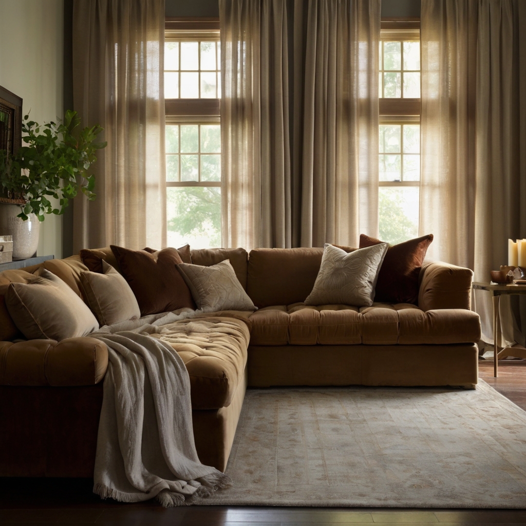 Sheer linen curtains layered with velvet drapes frame a large window. A brown couch sits beneath the elegant folds.