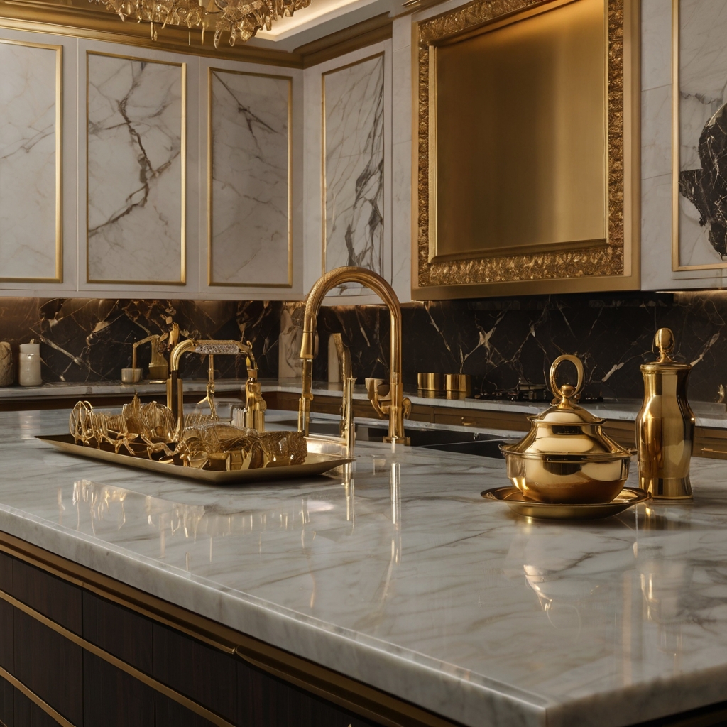 A marble kitchen countertop with gold-rimmed trays and brass fixtures. Soft lighting enhances the reflective, opulent details.