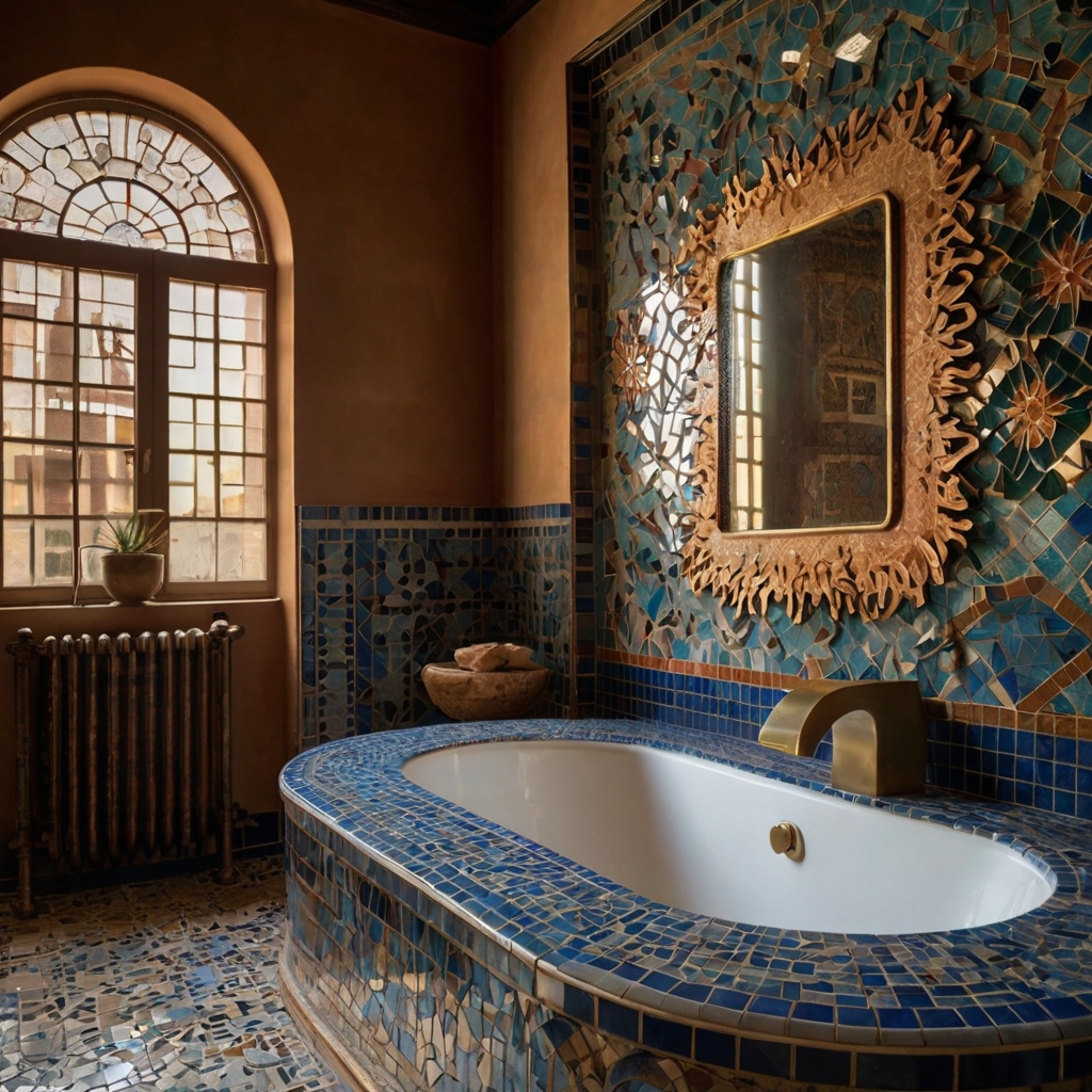 Hand-cut Spanish mosaics shimmer in deep blues, golds, and terracotta hues. Their intricate patterns and warm lighting highlight traditional artisan craftsmanship.