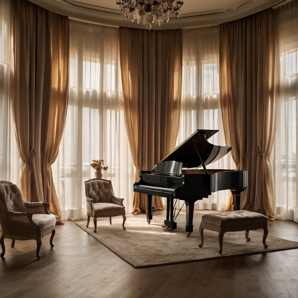 Champagne silk curtains cascade down from the ceiling, pooling slightly on the floor. Sheer panels filter sunlight, adding softness to the space.