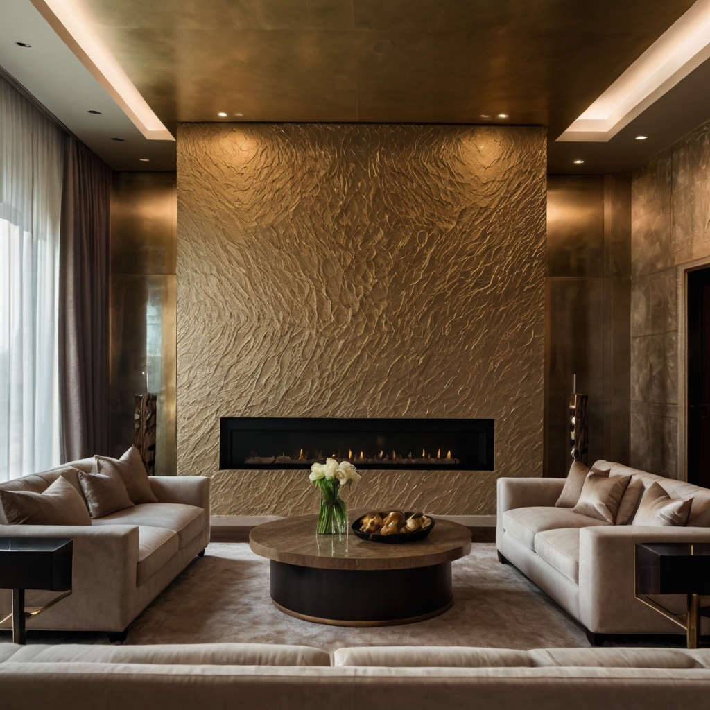 Venetian plaster walls in champagne hues create a rich, textured effect. A modern fireplace and ambient lighting add warmth and elegance.