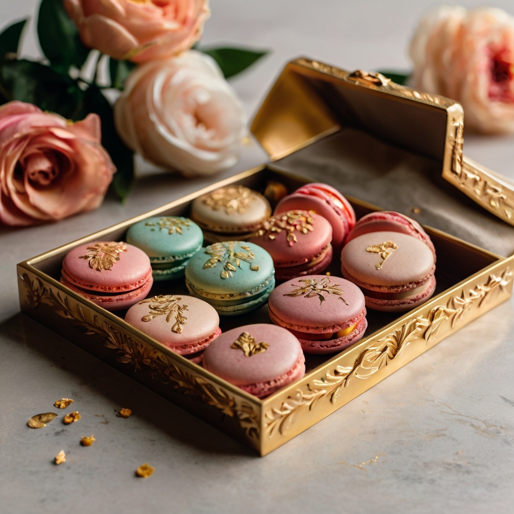 French macarons with hand-painted floral designs and gold leaf accents. Arranged elegantly with soft natural light enhancing their sophistication.