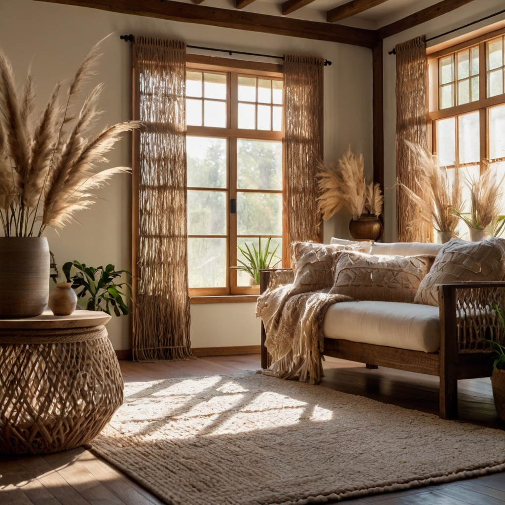 A cozy living room with a handmade macramé wall hanging, casting soft shadows above a wooden console table.