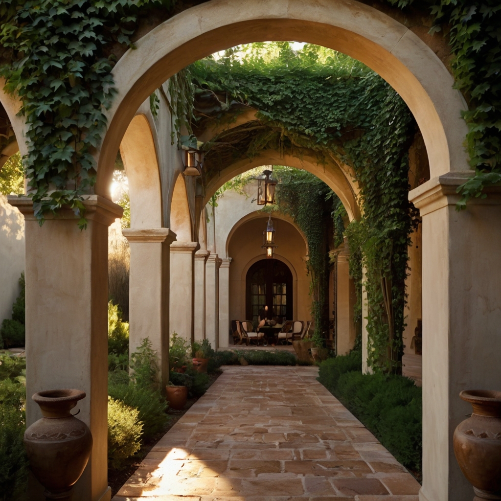 A grand courtyard framed by ivy-draped stone archways, glowing in golden hour light. Sunlight and shadows create a dramatic, timeless feel.