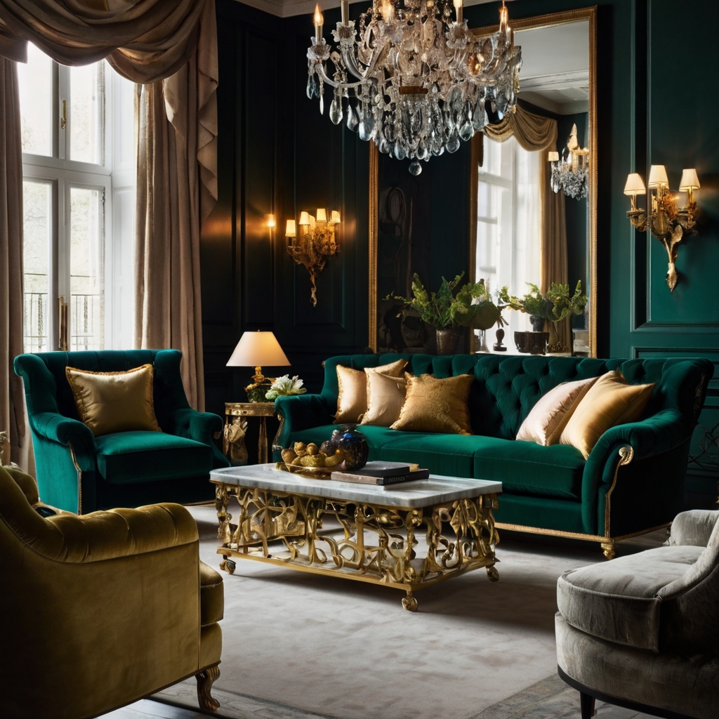 A deep emerald green velvet sofa with ornate gold feet sits in a luxurious living room. Plush cushions and warm lighting enhance its regal elegance.