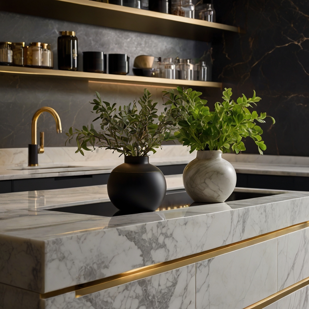 A stylish kitchen featuring a marble-look laminate countertop with gold and black accents. Soft LED lighting enhances the luxurious yet budget-friendly design.