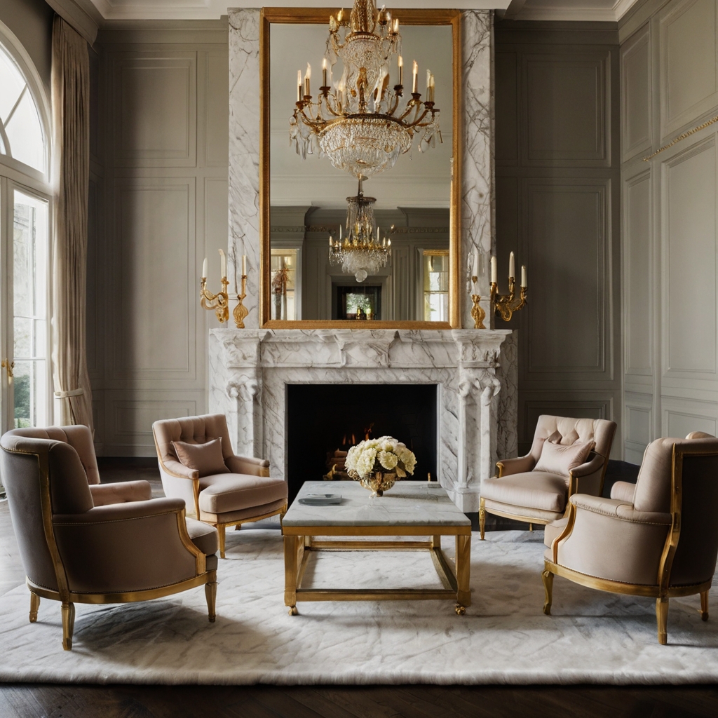 A polished white marble fireplace with intricate veining serves as the room’s focal point. The fire’s glow contrasts beautifully with the cool stone texture.