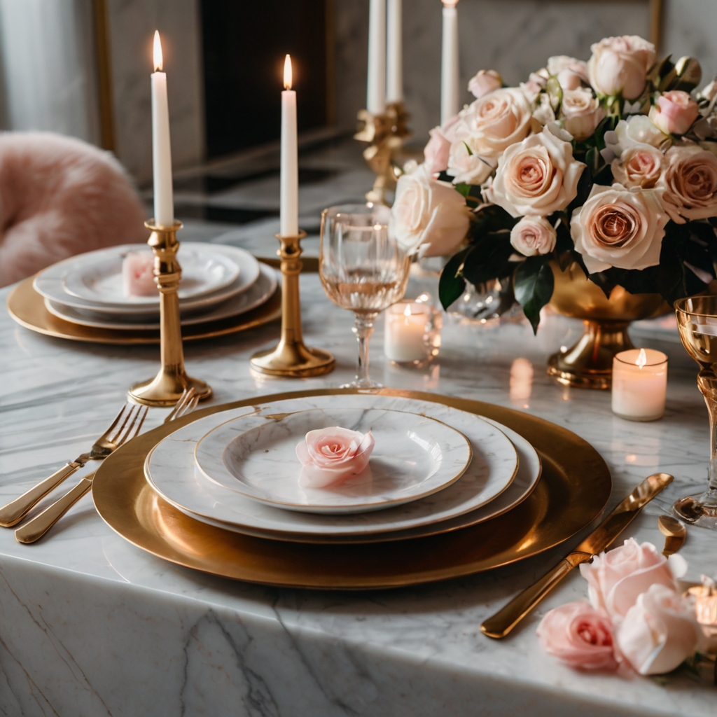 Polished marble with elegant veining, paired with gold and neutral hues. A timeless, sophisticated touch for a refined Galentine’s ambiance!