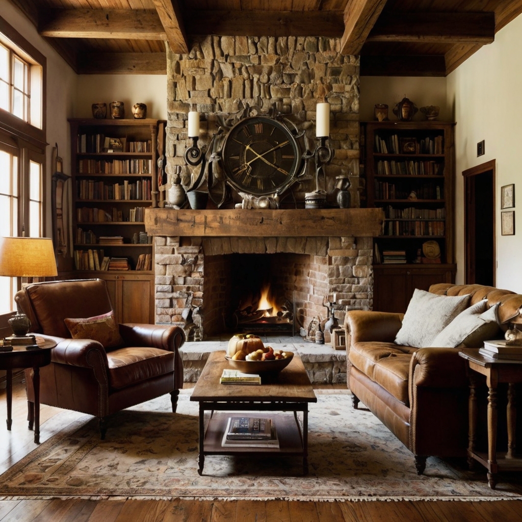 A grand living room centered around a towering brick fireplace with a rustic wooden mantel. Cozy armchairs and a crackling fire create a warm, nostalgic atmosphere.