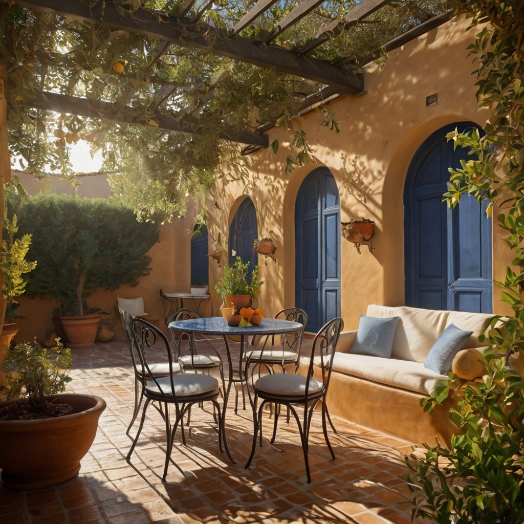 A sun-drenched Mediterranean courtyard with white stucco walls, terracotta pots, and blue mosaic tiles. Olive trees and citrus plants complete the vibe.