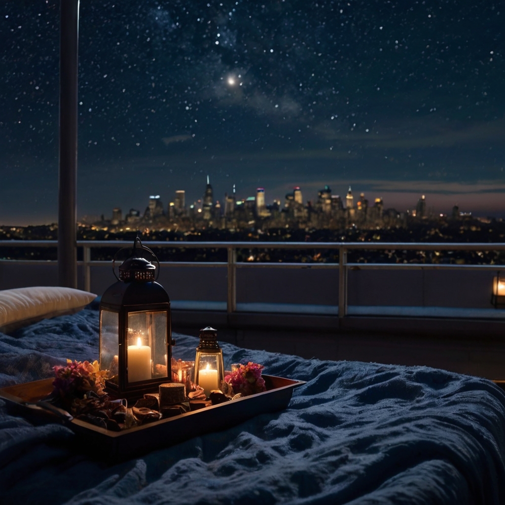 A rooftop Valentine’s setup under a starry night sky. Cozy blankets, wine, and fairy lights add a celestial touch.