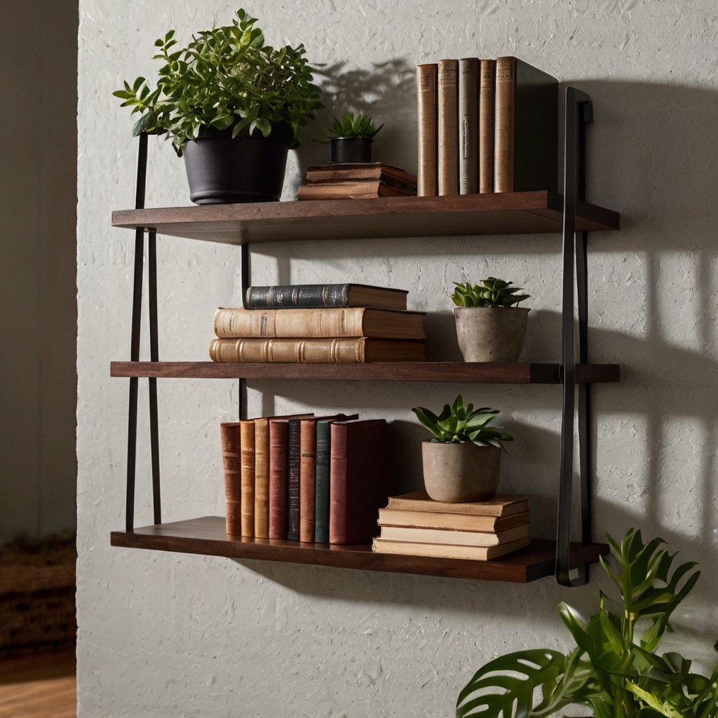 Floating bookshelf with neatly arranged books, plants, and decor. Soft light highlights the clean, modern design and enhances the room's functional appeal.