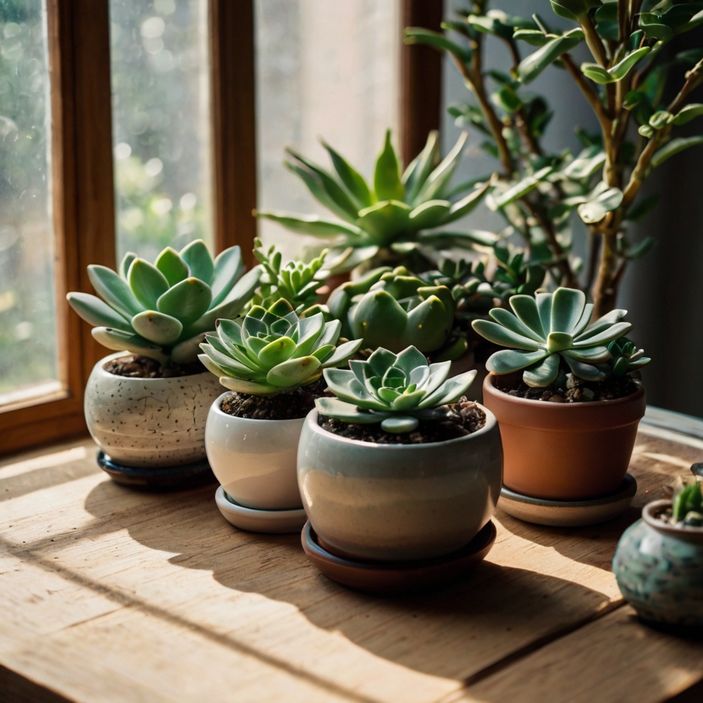 Small potted plants like succulents and snake plants on a windowsill, softly illuminated by natural light. The greenery creates a refreshing, organic vibe.