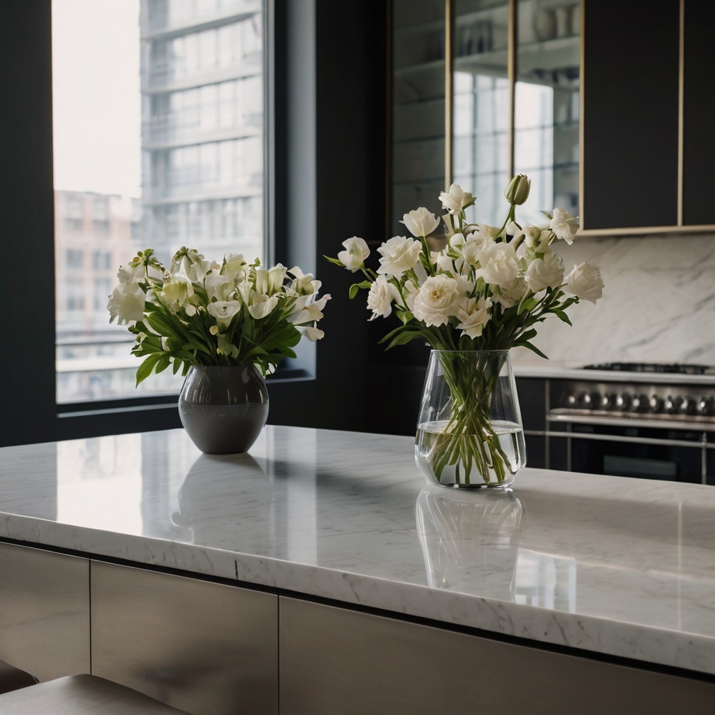 A sleek, modern kitchen with a neutral-toned countertop and a single ceramic vase. Soft natural light highlights the minimalist decor for a refined look.