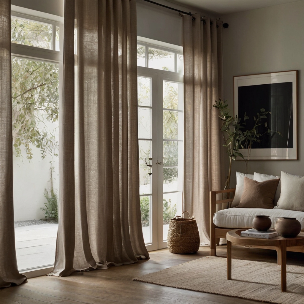 Sleek cotton or linen curtains in neutral tones. Soft diffused light from a window creates a serene, modern atmosphere.