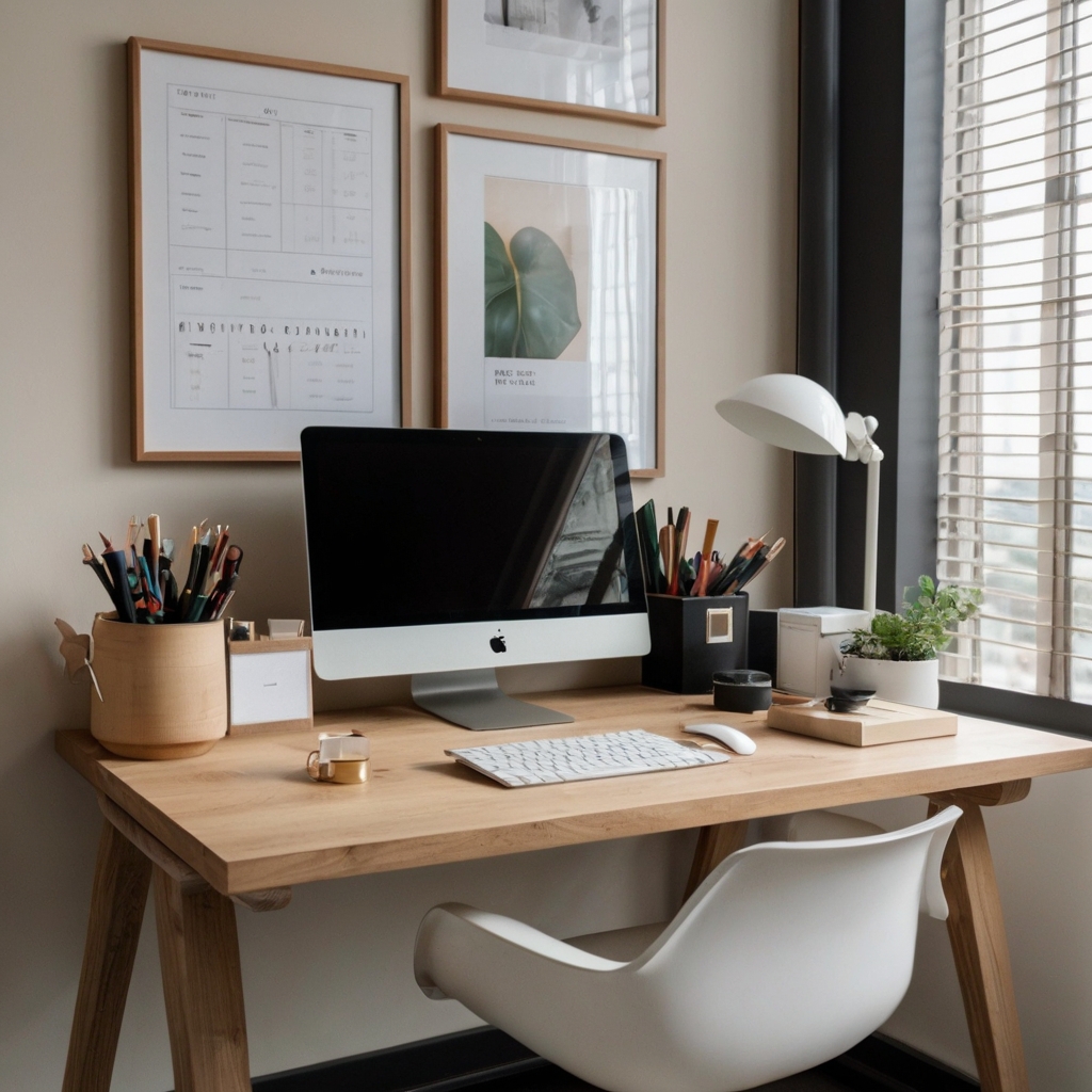 A clean and clutter-free office desk with neutral organizers. Simple decor and sleek lines enhance focus and productivity.