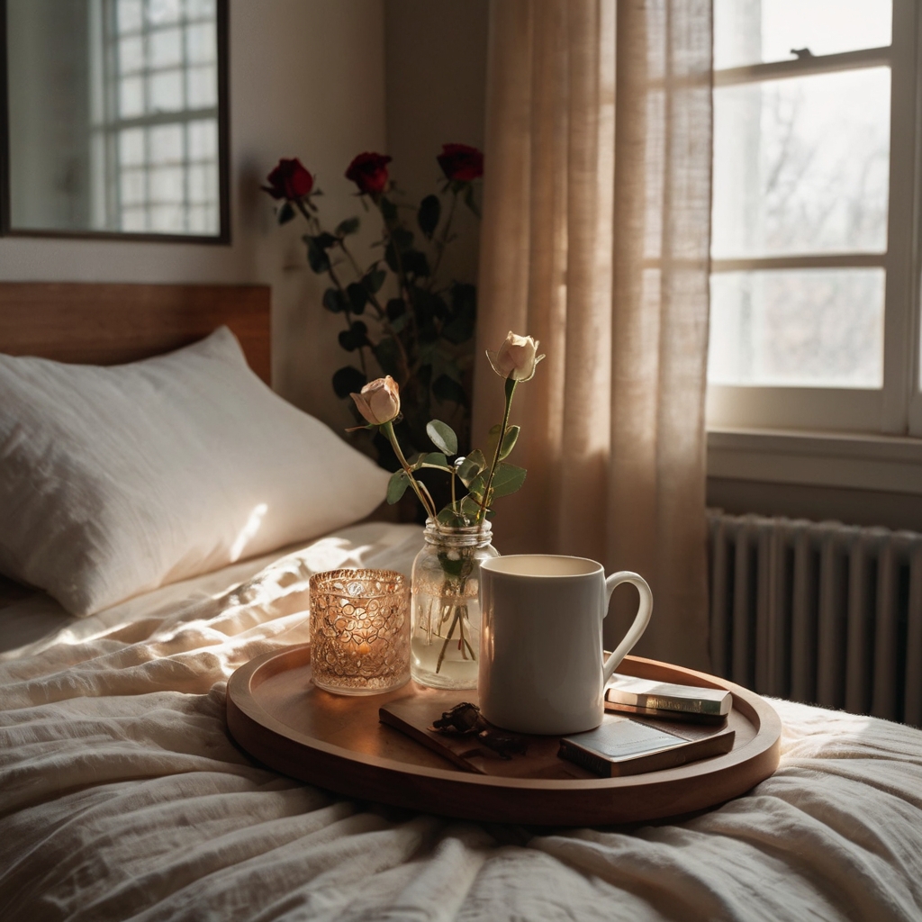 A serene bedroom with neutral tones and soft white linens. A single-stem rose and warm lighting create an intimate, refined space.