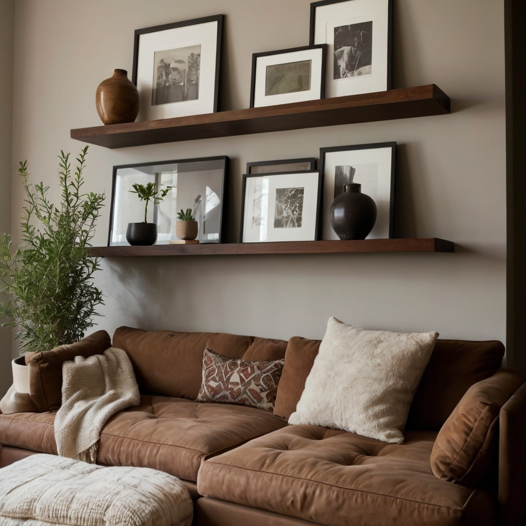 Floating wooden shelves hold ceramic vases and framed art. Indirect lighting enhances the cozy aesthetic.