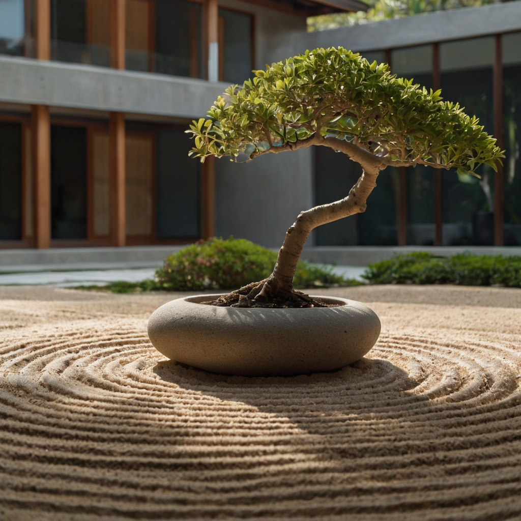 A serene Zen courtyard featuring a raked sand garden, a sculptural rock centerpiece, and a single bonsai tree. Balance and tranquility in every detail.