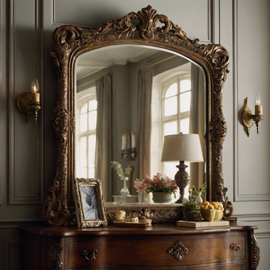 Vintage-style mirror above a dresser reflects soft natural light, making the room appear larger. Light highlights the mirror’s intricate frame and enhances depth.