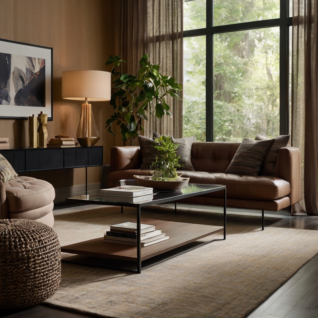 A brown couch pairs with a mix of wood, metal, and glass decor. Soft daylight highlights the layered textures.