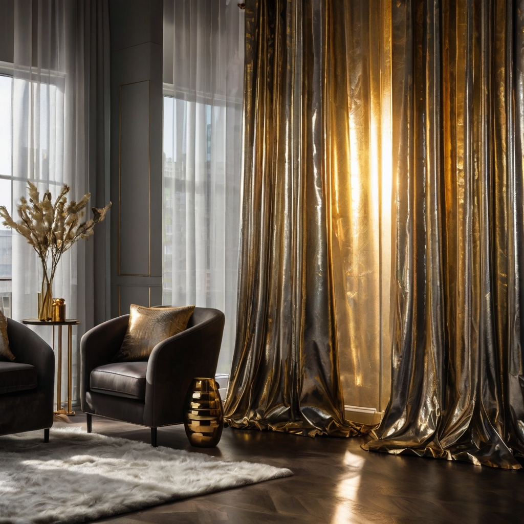 Metallic silver and gold curtains reflecting sunlight. Side lighting creates a shimmering, opulent effect in a luxurious living space.