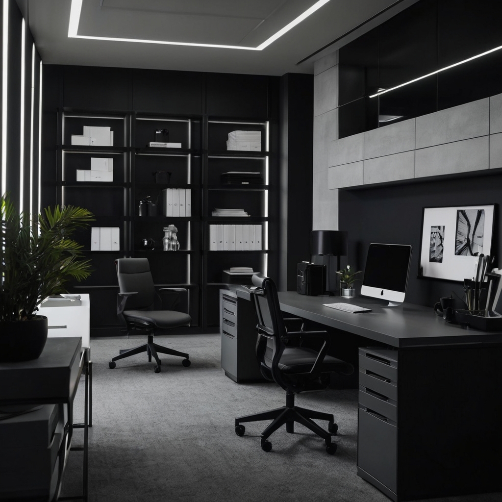 A modern monochrome-themed cubicle in black, white, and gray. Sleek office essentials create a timeless, cohesive aesthetic.