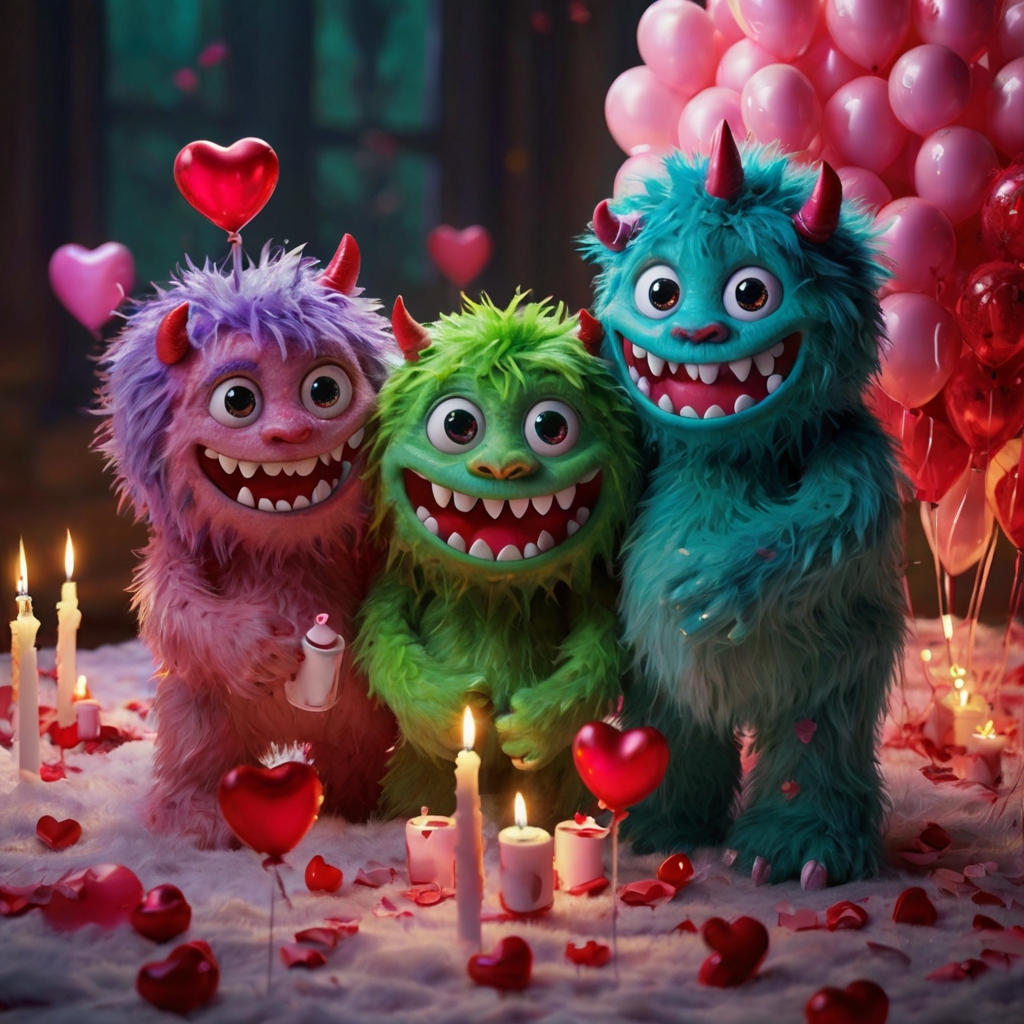 Silly, loveable monsters with fluffy textures and oversized eyes hold tiny glowing hearts, their playful energy highlighted by warm lighting.