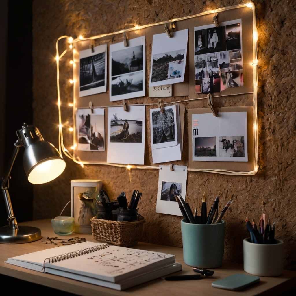 Cork mood board pinned with personal goals, photos, and quotes, illuminated by soft desk lamp light. A wire grid allows easy design changes with warmth.