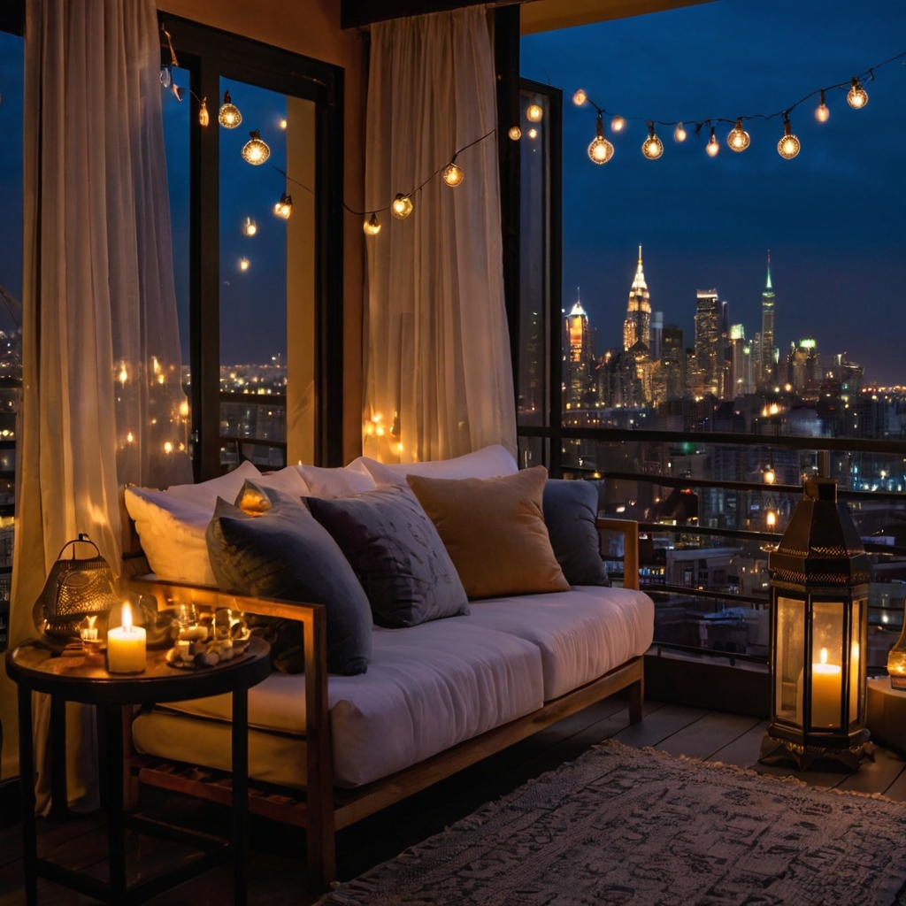 A candlelit balcony with plush seating and a stunning city skyline. Lanterns and fairy lights create an intimate, dreamy escape.