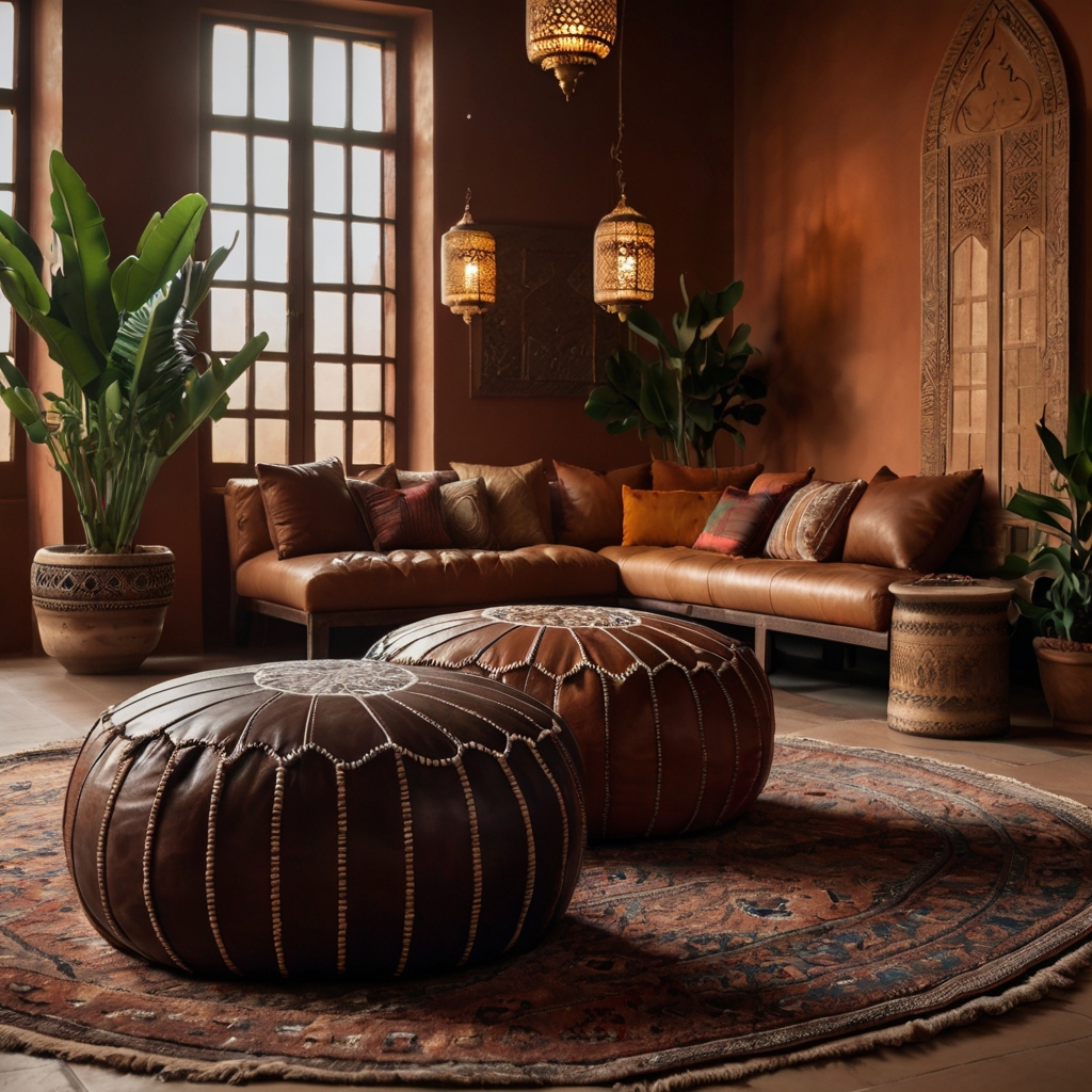 A cozy lounge space with Moroccan leather poufs, a low wooden table, and soft lighting highlighting intricate details.