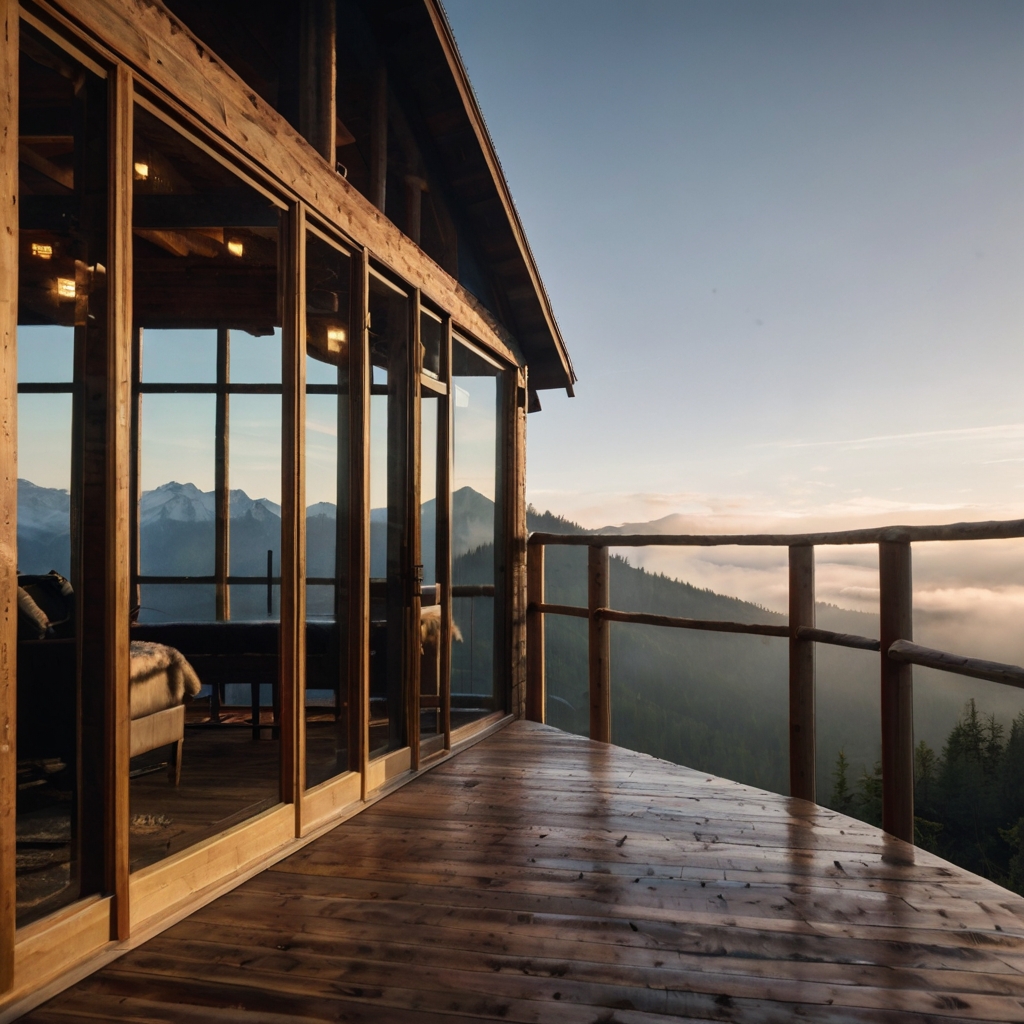 A glass-walled cabin on a misty mountainside, offering panoramic sunrise views. A steaming hot tub on the wooden deck adds to the luxury.