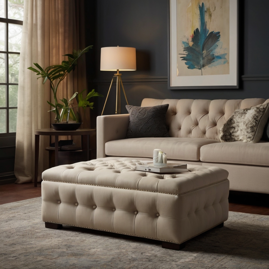 Plush ottoman in a modern living room, doubling as seating and storage. Soft lighting from a nearby lamp accentuates the sleek, functional design.