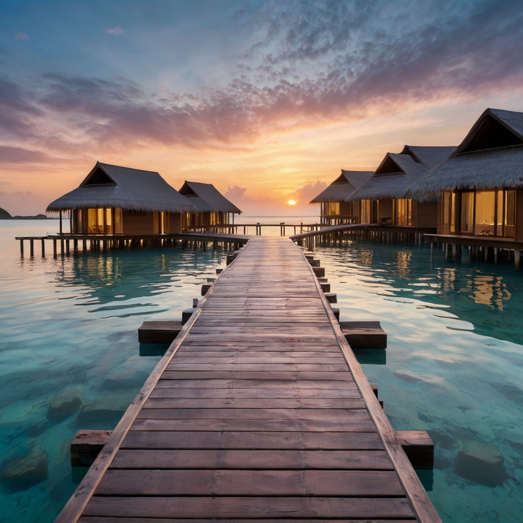 Elegant floating villas on a crystal-clear lagoon, reflecting golden sunset hues. Gentle ripples create mesmerizing water patterns.