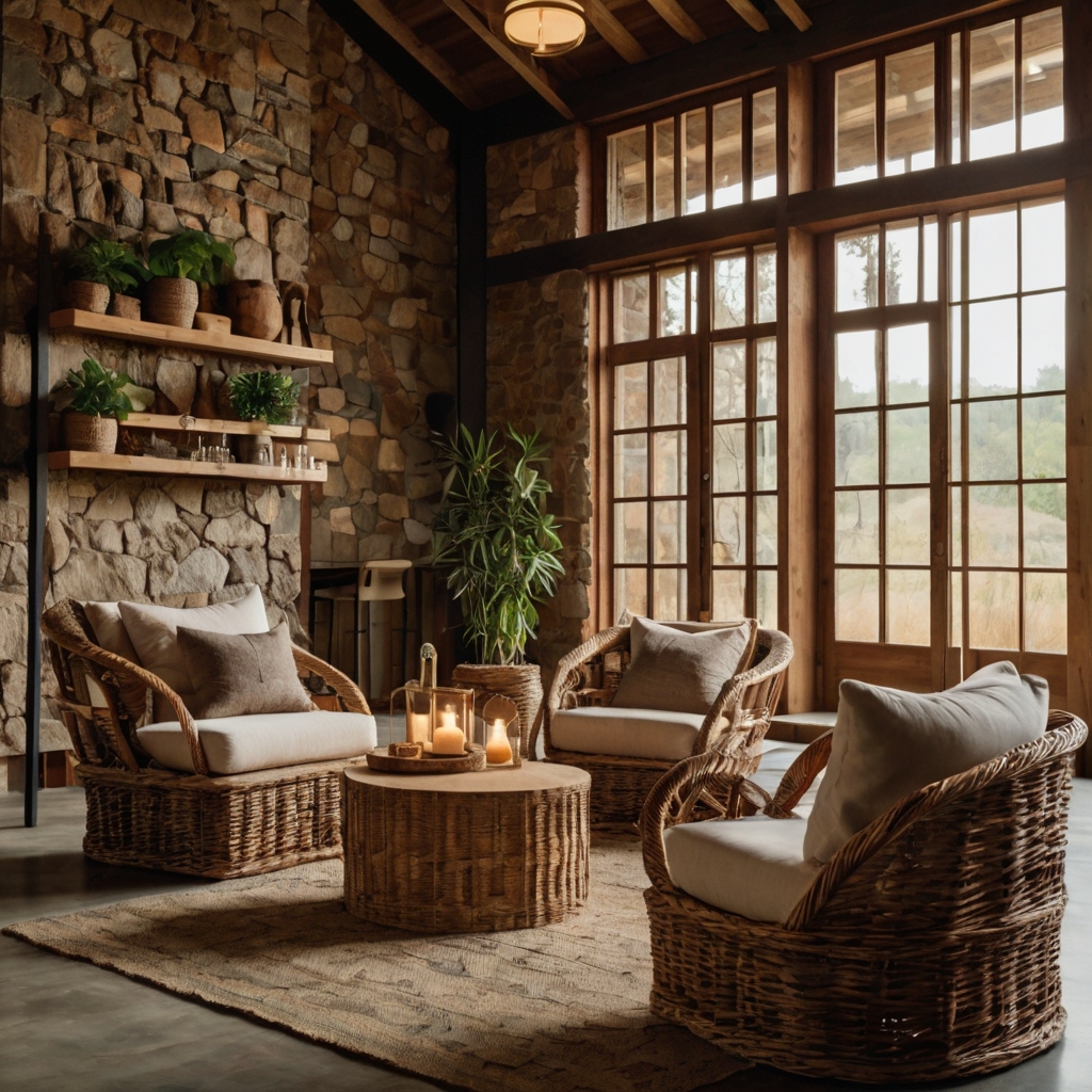 A warm space with wicker chairs, reclaimed wood accents, and earthy stone textures. Soft lighting and earthy tones enhance the natural, organic vibe.