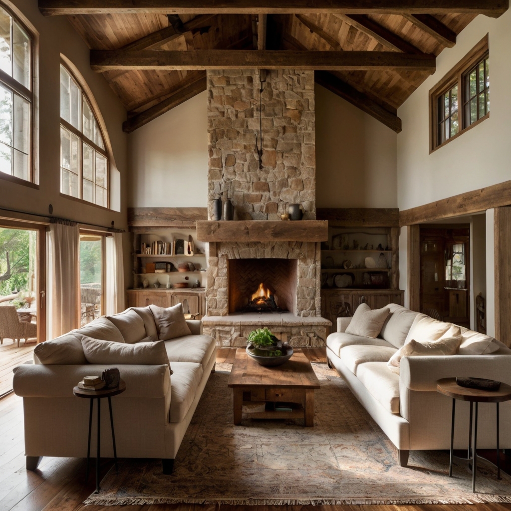 A cozy living room with exposed wooden beams, rich plank flooring, and a stone fireplace. Sunlight highlights the natural wood grain, creating a warm, rustic ambiance.