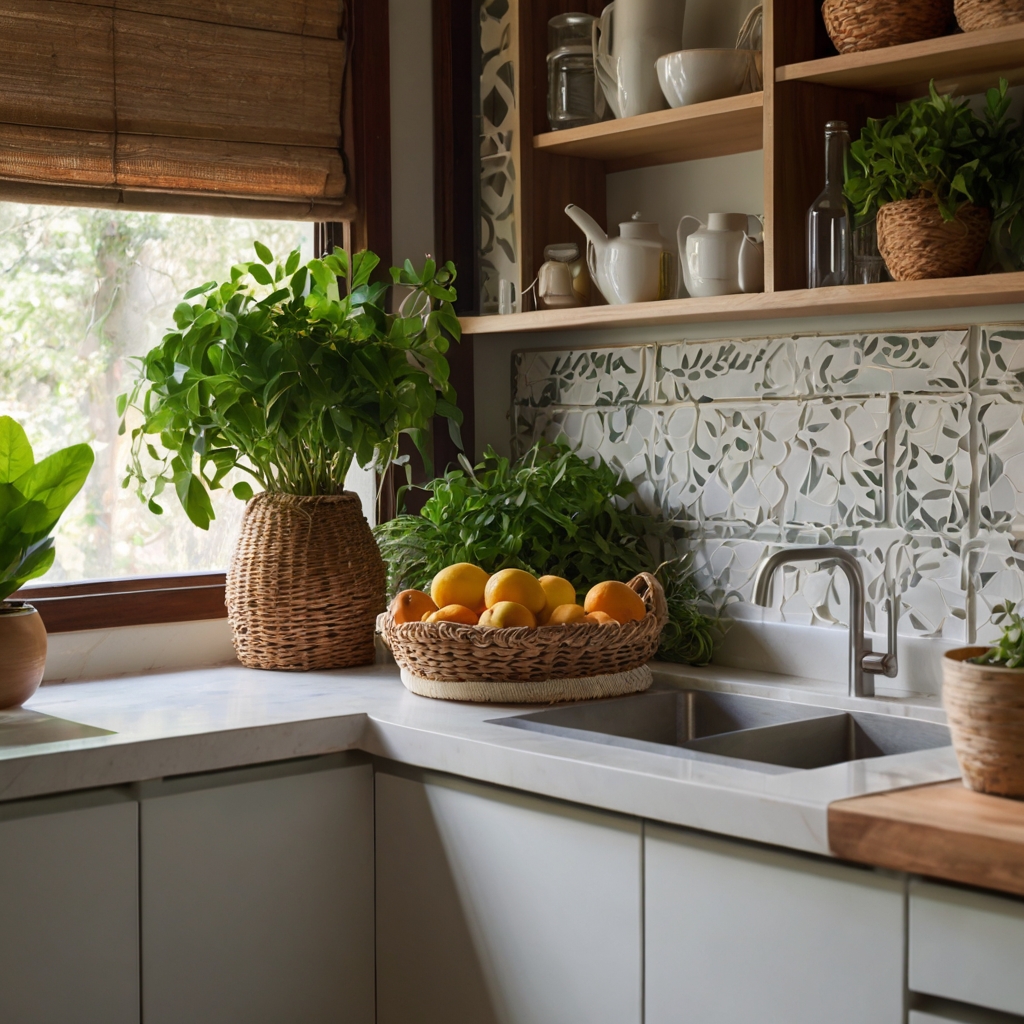 A fresh, airy kitchen with potted herbs, woven baskets, and organic wood accents. Sunlight highlights the natural textures for an inviting atmosphere.