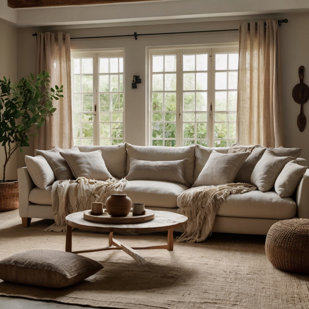 A light, airy living room with a neutral linen sofa, layered with soft throws and bathed in natural daylight.