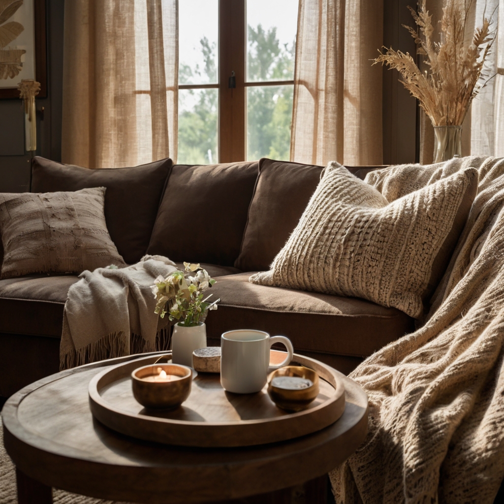 A brown couch with soft beige throw pillows in linen and knit textures. Warm sunlight highlights the cozy, neutral-toned decor.