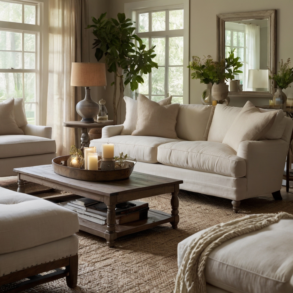 A soft, inviting seating area with creamy linen sofas and beige cushions. Slipcovers add a relaxed charm, creating a timeless, versatile atmosphere.