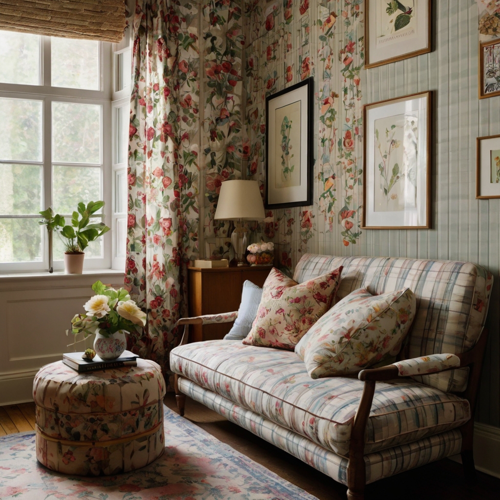 A cozy nook with floral wallpaper, gingham cushions, and vintage-inspired stripes. The mix of patterns creates a charming, character-filled space.